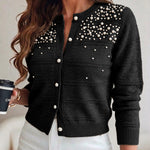 Women's Pearl Beaded Knit Cardigan Elegant Hollow Out Crop Sweater Casual Button Down Coat