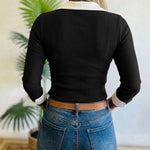 Women's Contrast Lapel Collar Faux Two-Piece Knit Top Long Sleeve Slim Fit Top