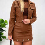 Women's PU Leather 2 Piece Set Studded Cropped Jacket and High Waisted Skort Set Edgy Biker Outfit