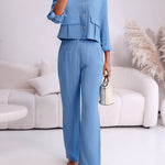 2 Pieces Outfit Turn-down Collar Turn-Up Sleeves Button Front Flap Pockets Design Top and Causal Zipper Fly Elastic Back Waist Wide Leg Pants Set