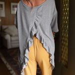 Women's Crewneck Drop Shoulder T-Shirt Back Ruffle Slit Half Sleeve Loose Casual Top
