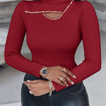 High Neck Long Sleeve Beaded Knit Sweater Hollow-out Fleece Lined Basic Layering Soft Versatile Thermal Top