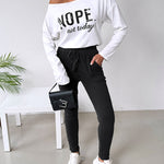 2 Pieces Outfit NOPE. not today Slogan Print Skew Neck Long Sleeve Pullover Top and Casual Drawstring Stretchy Waist Slim Fit Pants Set