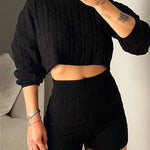 2 Piece Crewneck Long Sleeve Cable Knit Crop Sweater High Waist Shorts Tracksuits Outfits