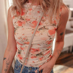 Women's Floral Print Mesh Top Sleeveless Cowl Neck Ruched Side Blouse Sheer Sexy Slim Fit Tank Top with Camisole Liner