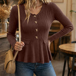 Women's Peplum Ruffle Hem Cardigan Cable Knit Slim Fit Sweater V Neck Gold Bow Button Down Top