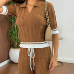 Women's Contrast Binding Two Piece Knit Set Short Sleeve Top and Drawstring Straight Leg Pants Casual Loungewear