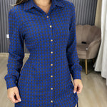 Women's Vintage Plaid Drawstring Long Sleeve Casual Dress Shirred Button Down Shirt Dress