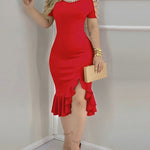 Cold Shoulder Beaded Slit Bodycon Dress Ruffle Hem Zipper Back Party Dress