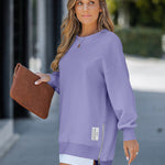 Letter Patch Detail Long Sleeve Drop Shoulder Pullover Sweatshirt Casual Zipper Side Slit Top