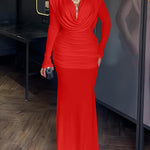 Cowl Neck Ruched Zipper Back Slim Fit Maxi Dress Casual Padded Shoulders Backless Evening Dress