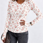 Women's Ditsy Floral Print Crew Neck Long Sleeve Slim Fit Top with Thumbholes