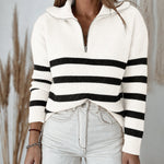 Women's Half Zip Striped Sweater Colorblock Turn-down Collar Knit Pullover Drop Shoulder Loose Fit Top