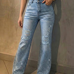 Women's Rhinestone Flare Jeans High Waisted Distressed Ripped Jeans Y2K Retro Streetwear Denim Pants