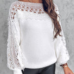 Crewneck Guipure Lace Long Sleeve Hollow Out Knit Sweaters Pullover Tops