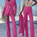 2 Pieces Outfit Notched Collar Double-Breasted Flap Detail Coat and Zipper Fly Elastic Back Waist Slim Fit Flared Pants Set Casual Blazer Set