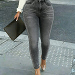 Rhinestone Decor High Waist Zipper Fly Skinny Jeans Washed Denim Pants without Belt