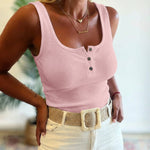 U-Neck Sleeveless Half Button Front Tank Slim Fit Backless Knit Waffle Tank Top