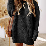 Round Neck Long Sleeve Drop Shoulder Pullover Sweater Casual Loose Fit Cable Knit Mid Length Sweater