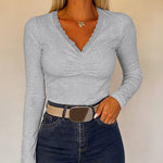 Women's Lace V Neck Ruched T Shirt Slim Fit Long Sleeve Tee Casual Elegant Top