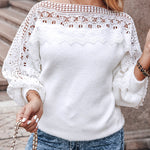 Crewneck Guipure Lace Long Sleeve Hollow Out Knit Sweaters Pullover Tops