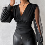 Women's Deep V Neck Ruched Top Mesh Lantern Sleeve Blouse Rhinestone Decor Slim Fit Pullover