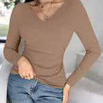 Chicme Built In Bra Notch Neck Long Sleeve Shirts Rib Knit Ruched Waist Top