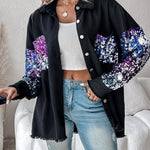 Colorblock Sequin Patchwork Long Sleeve Jacket Top Button Front Raw Hem Shacket