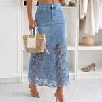 Women's Guipure Lace Spliced Denim Skirt High Waisted Jean Skirt French-Style Casual Skirt