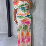 Women's Foldover Off-Shoulder Floral Mermaid Dress Mesh Ruched Maxi Gown with Detachable Clear Straps