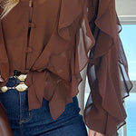 V Neck Shoulder Ruffles Design Blouse Casual Button Front Long Sleeve Top