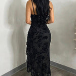 Women's Vintage Flocking Floral Maxi Dress Sexy Cowl Neck Cami Dress High Slit Backless Bodycon Evening Gown