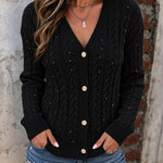 Women's Sequin Cable Knit Cardigan V Neck Button Down Slim Fit Long Sleeve Sweater