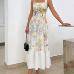 Women's Floral Maxi Dress Square Neck Sleeveless Ruffle Hem Sundress Backless Shirred Summer Vacation Dress with Belt