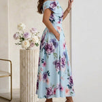 Women's Skew Neck Midi Dress Elegant Ruched Floral A-Line Dress High Waisted Vacation Dress with Pockets