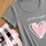 Women's Frill Hem Two Piece Pajama Set Heart Slogan Short Sleeve Top and Plaid Straight Leg Pants Casual Lounge Set
