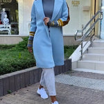 Color Block Long Trench Coat Single Breasted Detachable Fuzzy Leopard Pattern Lapel Overcoat