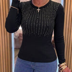 Women's Crewneck Rhinestone Ribbed Knit Top Slim Fit Long Sleeve Top