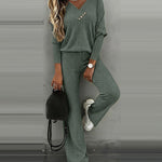 2 Pieces Outfit Button Decor V-Neck Long Sleeve Top and Elastic Waist Straight Leg Pants Set Casual Ribbed Set
