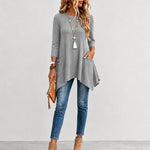 Women's Ribbed Asymmetrical Hem Top Crewneck Three Quarters Sleeve A-Line Casual Top