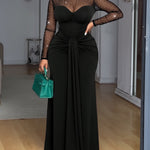 Rhinestone Decor Mock Neck Mesh Yoke Zipper Back Party Dress Cinched Waist Draped Mermaid Hem Maxi Evening Dress