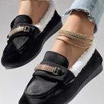 Rhinestone Chain Decor Thermal Lined Faux Shearling Trim Casual Flat Slip-On Loafers without Anklet Bracelet