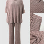 Women's 2 Piece Ribbed Knit Set Asymmetrical Zipper Turtleneck Batwing Sleeve Top and Pants Casual Loungewear
