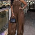 Women's Rhinestone Cutout Jumpsuit Sleeveless Sheer Chiffon Lantern Leg Overalls