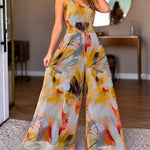 Women's V-Neck Floral Print Mesh Wide Leg Jumpsuit Stretchy Straps Shirred Waist Overalls