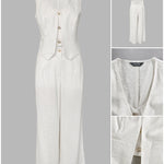 Women's Two Piece Outfits Faux Two Piece Sleeveless Crop Top and High Waisted Wide Leg Pants Elegant Matching Suit