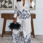 2 Pieces Outfit Turn-down Collar Long Sleeve Button Front Shirt and Wide Leg Pants Set Elegant Floral Placement Print Commuting Set