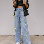 Women's High Waisted Floral Embroidered Wide Leg Jeans Washed Denim Pants