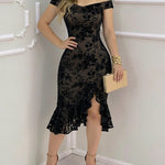 Women's Flock Floral Mesh Dress Off Shoulder Ruffle Hem Bodycon Dress Slit Evening Party Mermaid Gown