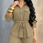 2 Pieces Outfit Vintage Turn-down Collar Roll Up Sleeve Button Front Flap Pocket Design Waist Drawstring Top and Elastic Waist Wide Leg Pants Set Casual Textured Commuting Set